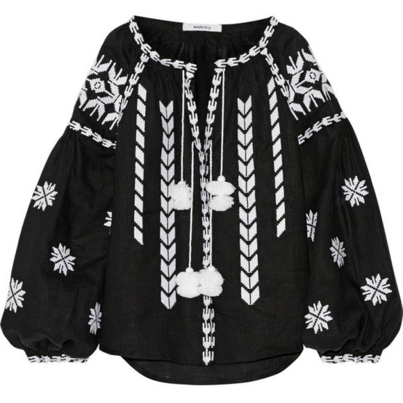 MARCH11 Embroidered Tassel Blouse Top Peasant Boho Bohemian Black White Medium - Picture 1 of 12